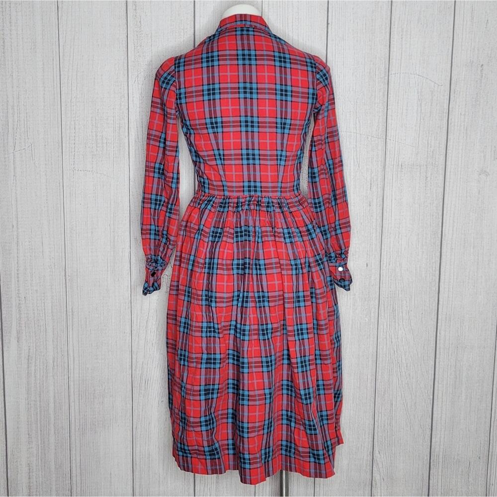Vintage Handmade Farmcore Blue & Red Plaid Pleated Shirt Dress - Picture 3 of 5